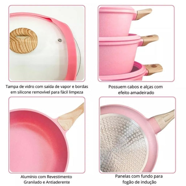 Jogo de Panelas 5 Peças Indução Gás Conjunto de Panelas Revestido em Cerâmica Granito Antiaderente Frigideira